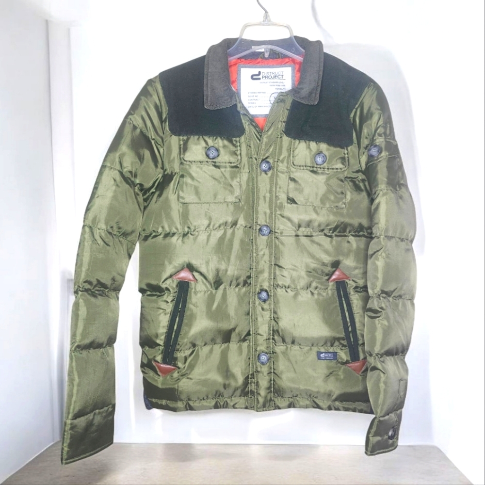 Men's Olive Quilted Puffer Jacket with Black Corduroy Collar